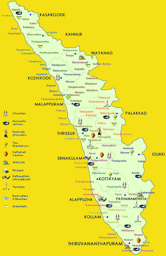 Kerala tourist places map with distance