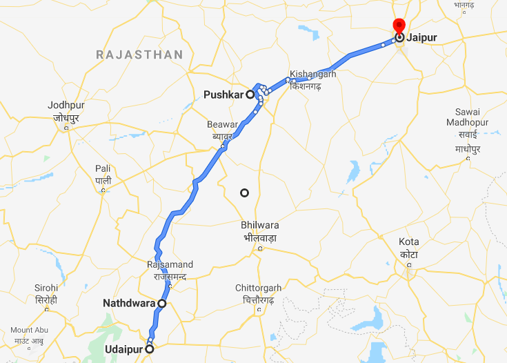 Road Map - Udaipur to Nathdwara to Jaipur