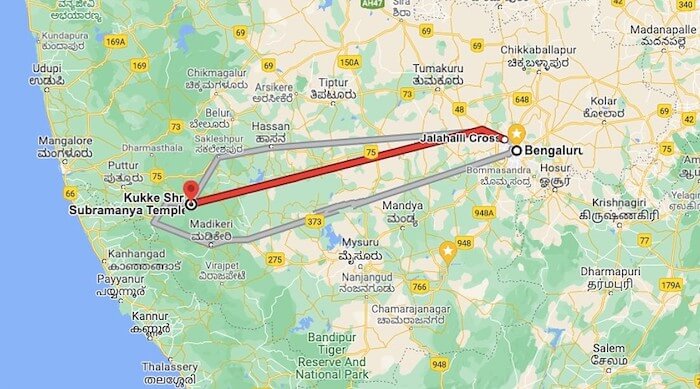 Bangalore to Kukke Subramanya Bus Route Map