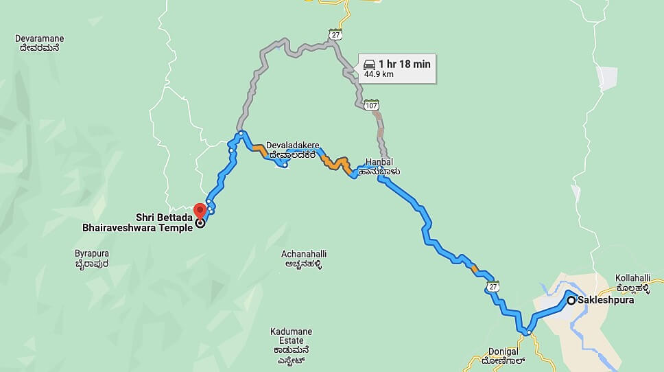 Sakleshpur to Bettada Byraveshwara Temple Route Map
