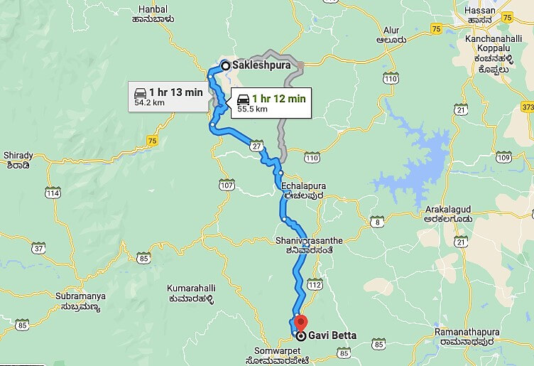 Sakleshpur to Gavi Betta Route Map