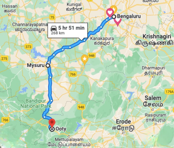 Bangalore to Ooty Route Map