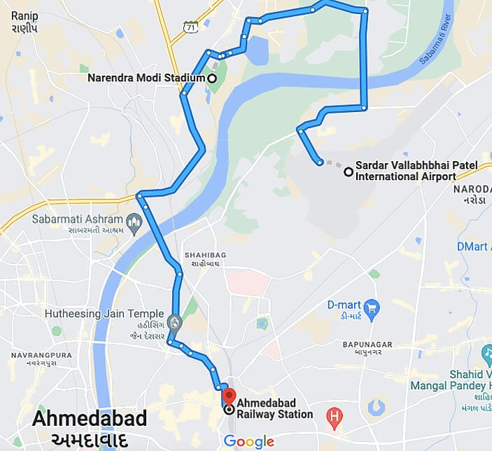 Narendra Modi Stadium in Ahmedabad Route map