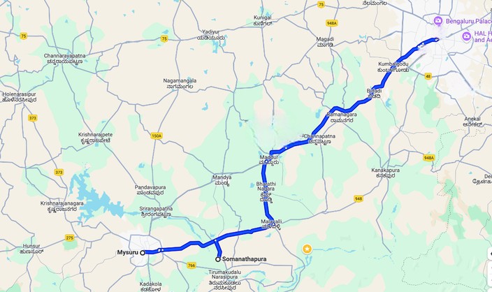 Mysuru - Somanathapura-Bengaluru Route Map